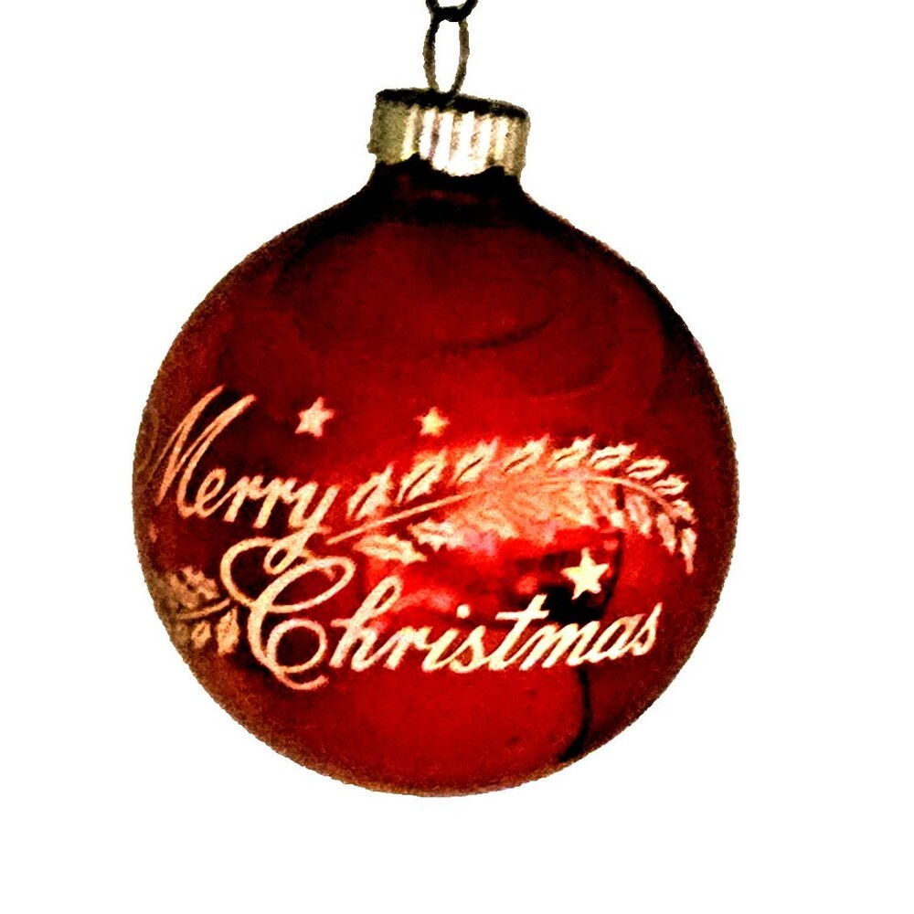 Vintage Shiny Brite 3 Ornaments Stenciled Merry Christmas & 2 Red Bells